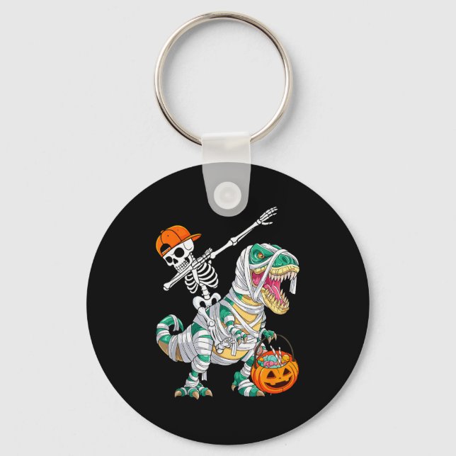 Skeleton Riding Dancing Dab Dinosaur T Rex Hallowe Key Ring (Front)