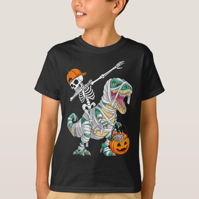 Skeleton Riding Dancing Dab Dinosaur T Rex Hallowe T-Shirt (Front)