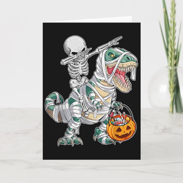 Skeleton Riding Dancing Dab Dinosaur Trex Hallowee Card (Front)