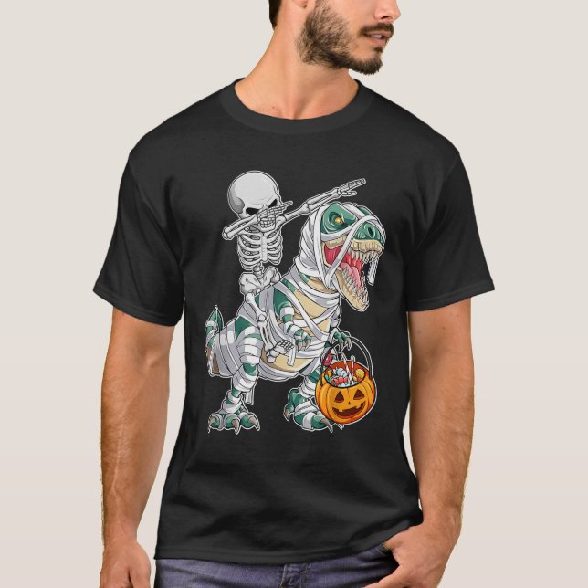 Skeleton Riding Dancing Dab Dinosaur Trex Hallowee T-Shirt (Front)