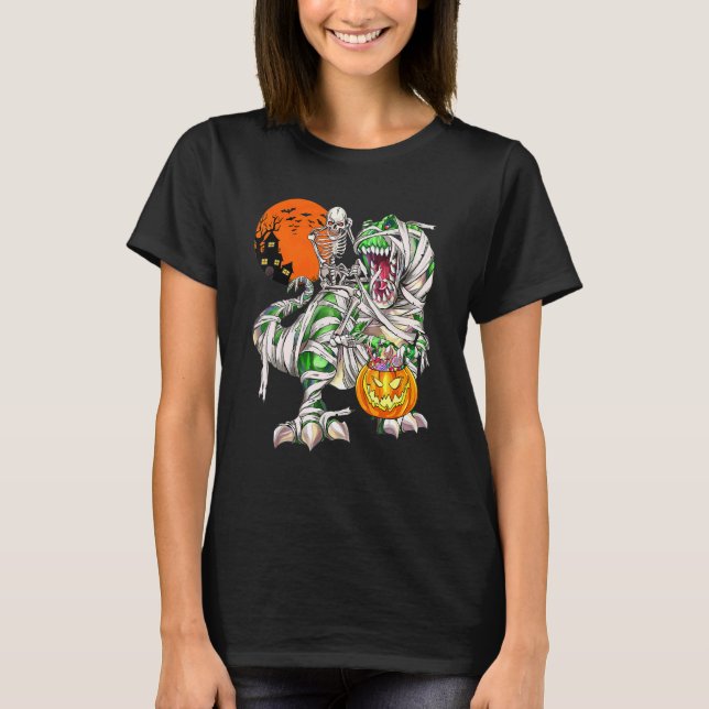 Skeleton Riding Dinosaur Rex Scary Halloween Moon  T-Shirt (Front)