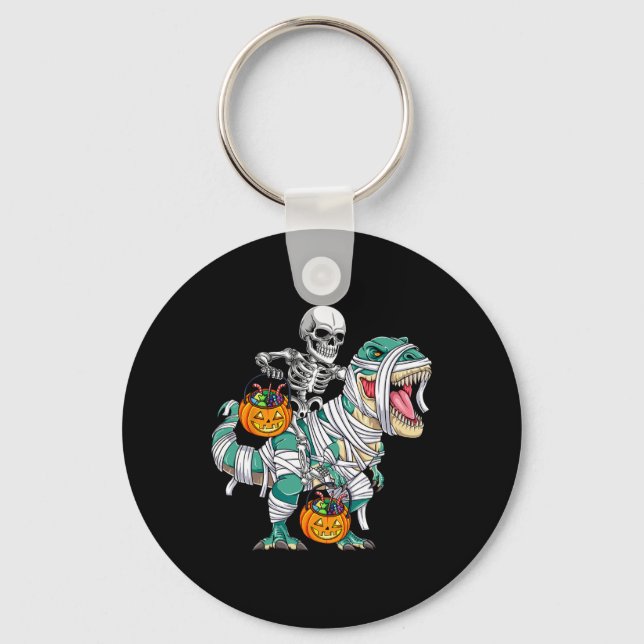 Skeleton Riding Dinosaur T Rex Fun Kids Boys Hallo Key Ring (Front)