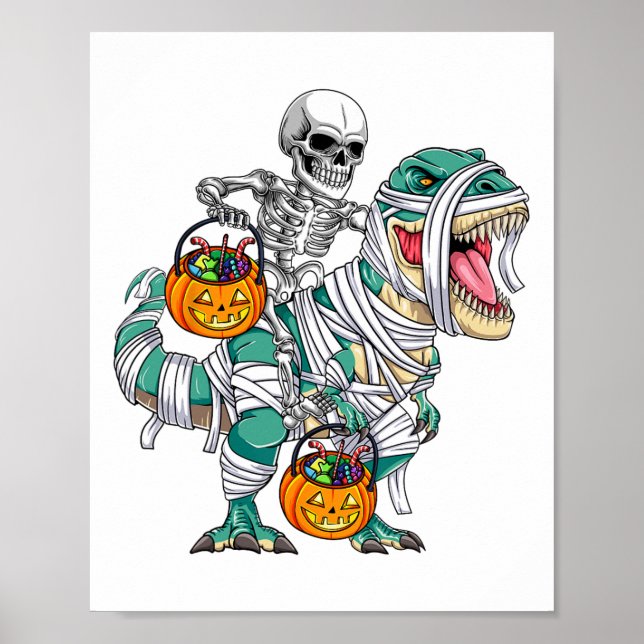 Skeleton Riding Dinosaur T Rex Fun Kids Boys Hallo Poster (Front)