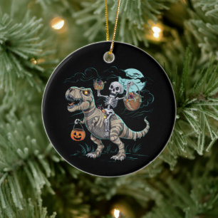 Skeleton Riding Dinosaur T rex Halloween Pumpkin Ceramic Tree Decoration