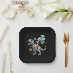 Skeleton Riding Dinosaur T rex Halloween Pumpkin Paper Plate