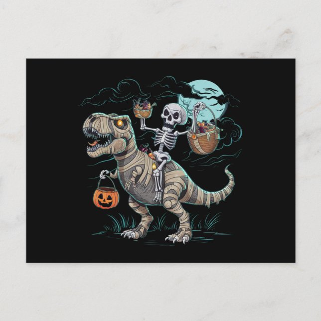Skeleton Riding Dinosaur T rex Halloween Pumpkin Postcard (Front)