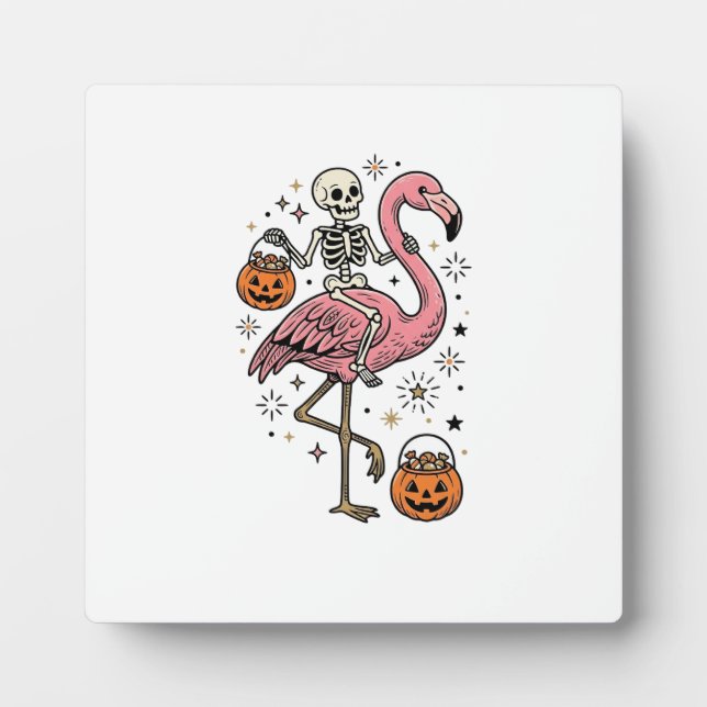 Skeleton Riding Flamingo Halloween Candy Shirt_1 Plaque (Front)