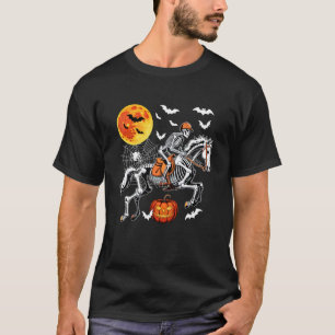 Skeleton Riding Horse Halloween Moon Horror Carved T-Shirt