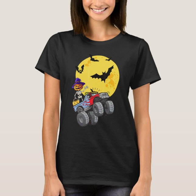 Skeleton Riding Monster Truck Halloween Kids Boys  T-Shirt (Front)