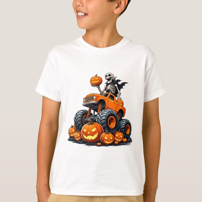 Skeleton Riding Monster Truck Halloween Pumpkin Ki T-Shirt (Front)
