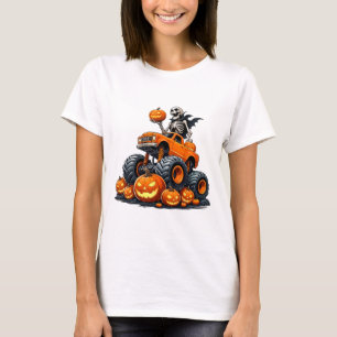 Skeleton Riding Monster Truck Halloween Pumpkin Ki T-Shirt