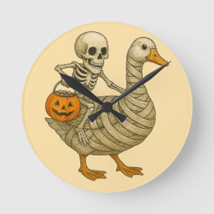Skeleton Riding Mum Goose Halloween Funny Pumpkin Round Clock