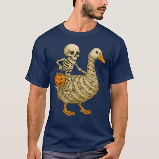 Skeleton Riding Mum Goose Halloween Funny Pumpkin T-Shirt (Front)