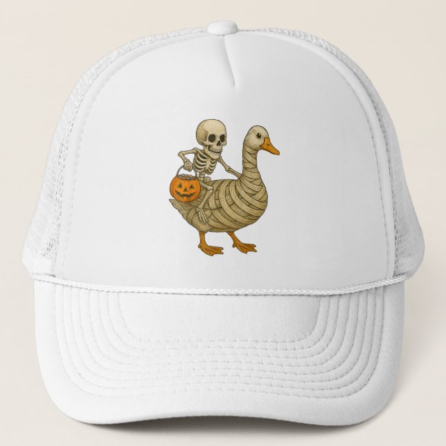 Skeleton Riding Mum Goose Halloween Funny Pumpkin Trucker Hat (Front)