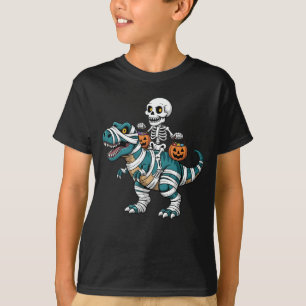 Skeleton Riding Mummy Dinosaur Funny Halloween T-Shirt
