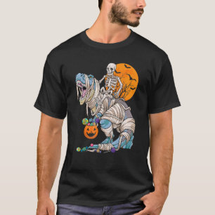 Skeleton Riding Mummy Dinosaur Rex Halloween Pump T-Shirt