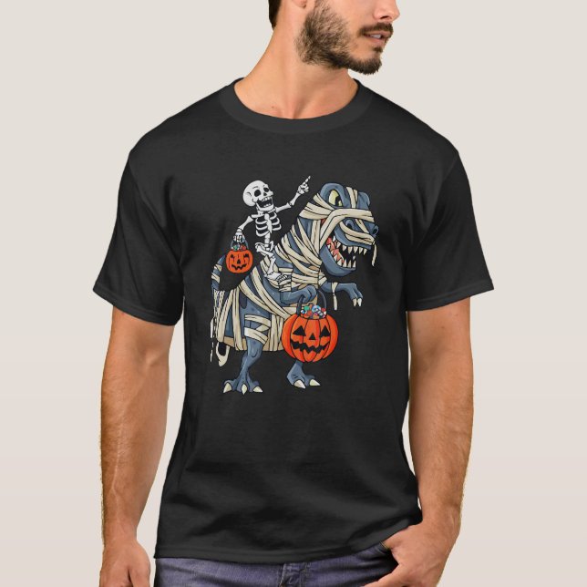 Skeleton Riding Mummy Dinosaur rex Halloween  Pump T-Shirt (Front)