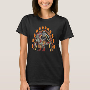Skeleton riding mummy dinosaur rex halloween rainb T-Shirt