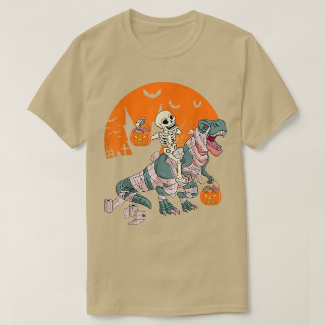 Skeleton Riding Mummy Dinosaur T re Funny Hallowee T-Shirt (Design Front)