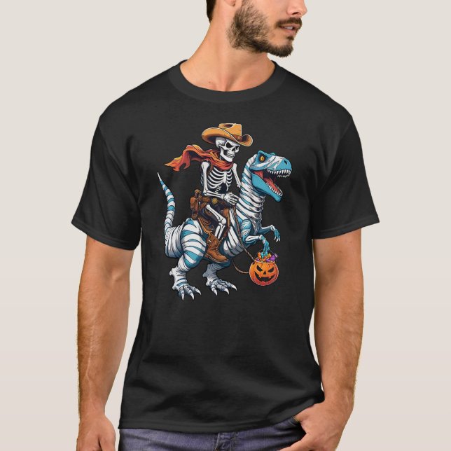 Skeleton Riding Mummy Dinosaur T-rex Funny Hallowe T-Shirt (Front)