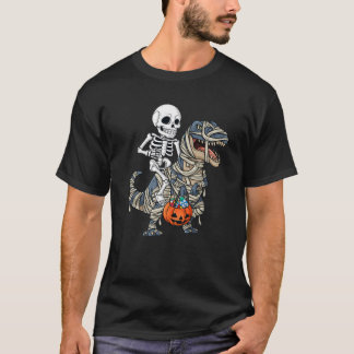 Skeleton Riding Mummy Dinosaur T Rex Halloween Boy T-Shirt