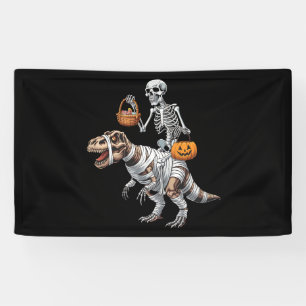 Skeleton Riding Mummy Dinosaur T rex Halloween Fun Banner