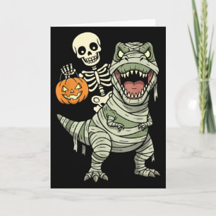 Skeleton Riding Mummy Dinosaur T Rex Halloween Fun Card