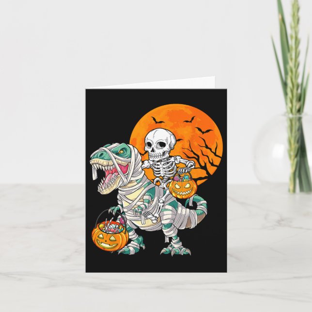 Skeleton Riding Mummy Dinosaur T Rex Halloween Fun Card (Front)