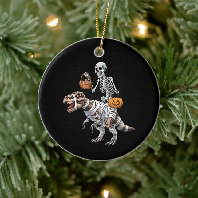 Skeleton Riding Mummy Dinosaur T rex Halloween Fun Ceramic Tree Decoration (Tree)