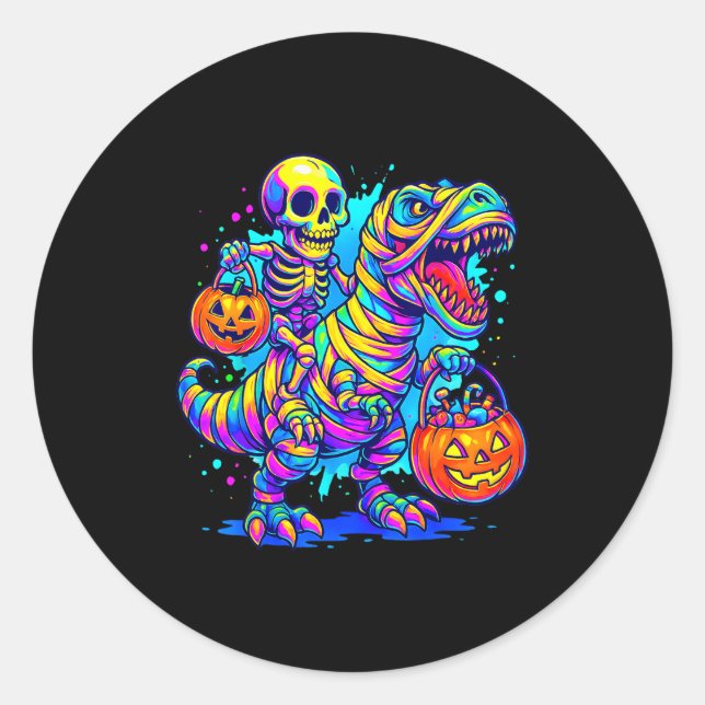 Skeleton Riding Mummy Dinosaur T Rex Halloween Fun Classic Round Sticker (Front)