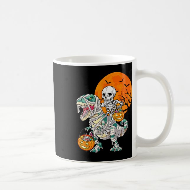 Skeleton Riding Mummy Dinosaur T Rex Halloween Fun Coffee Mug (Right)