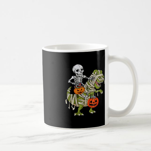 Skeleton Riding Mummy Dinosaur T rex Halloween Fun Coffee Mug (Right)