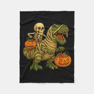 Skeleton Riding Mummy Dinosaur T Rex Halloween Fun Fleece Blanket
