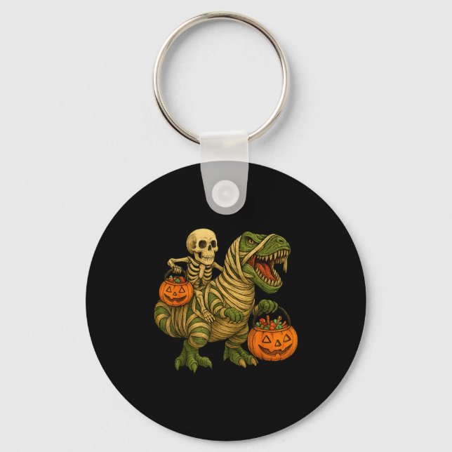 Skeleton Riding Mummy Dinosaur T Rex Halloween Fun Key Ring (Front)