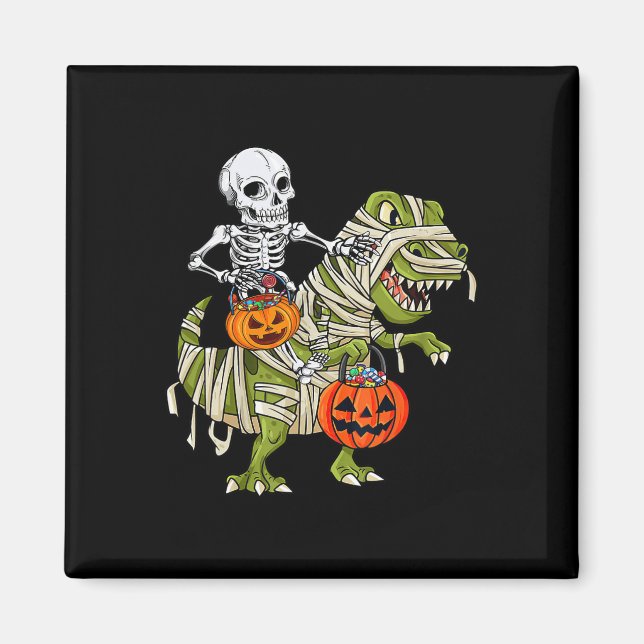 Skeleton Riding Mummy Dinosaur T Rex Halloween Fun Magnet (Front)