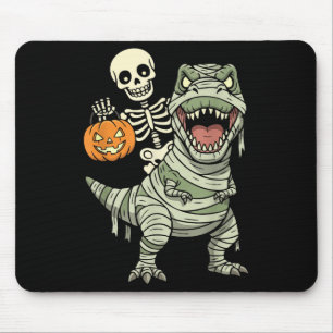 Skeleton Riding Mummy Dinosaur T Rex Halloween Fun Mouse Pad