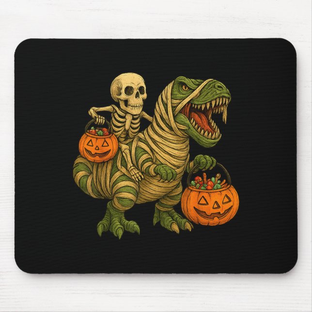 Skeleton Riding Mummy Dinosaur T Rex Halloween Fun Mouse Pad (Front)