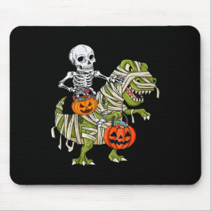 Skeleton Riding Mummy Dinosaur T Rex Halloween Fun Mouse Pad
