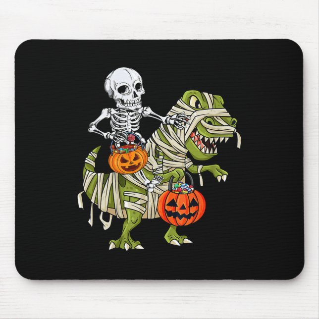 Skeleton Riding Mummy Dinosaur T Rex Halloween Fun Mouse Pad (Front)