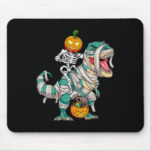 Skeleton Riding Mummy Dinosaur T rex Halloween Fun Mouse Pad