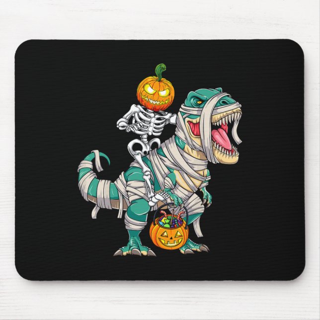 Skeleton Riding Mummy Dinosaur T rex Halloween Fun Mouse Pad (Front)