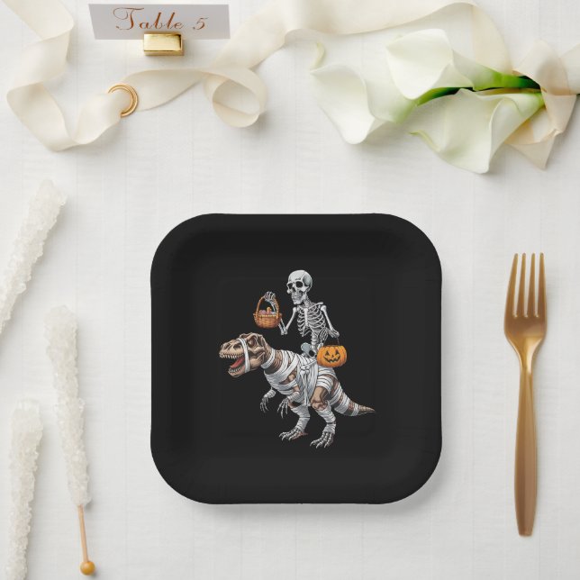 Skeleton Riding Mummy Dinosaur T rex Halloween Fun Paper Plate (Wedding)
