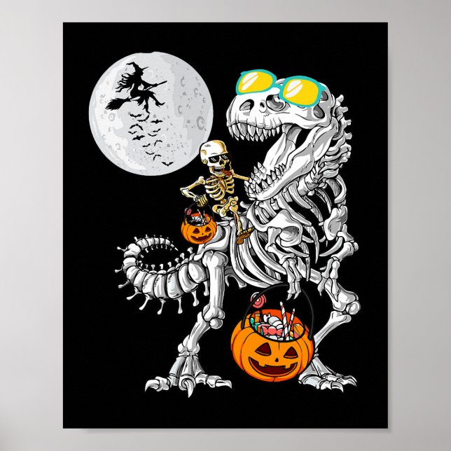Skeleton Riding Mummy Dinosaur T Rex Halloween Fun Poster (Front)