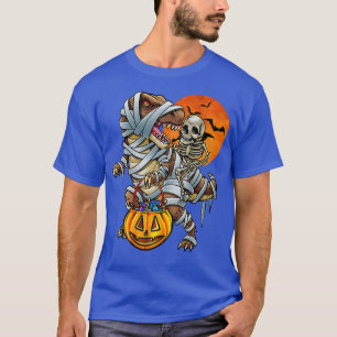 Skeleton Riding Mummy Dinosaur T rex Halloween Fun T-Shirt