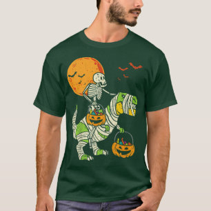 Skeleton Riding Mummy Dinosaur T rex Halloween Fun T-Shirt
