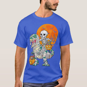 Skeleton Riding Mummy Dinosaur T Rex Halloween Fun T-Shirt