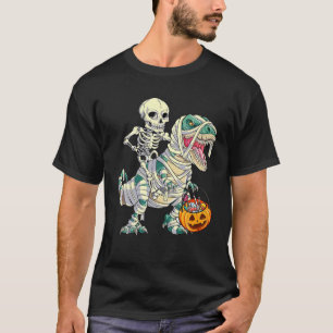 Skeleton Riding Mummy Dinosaur T Rex Halloween Fun T-Shirt