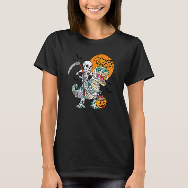 Skeleton Riding Mummy Dinosaur T Rex Halloween Fun T-Shirt (Front)