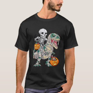 Skeleton Riding Mummy Dinosaur T Rex Halloween Fun T-Shirt
