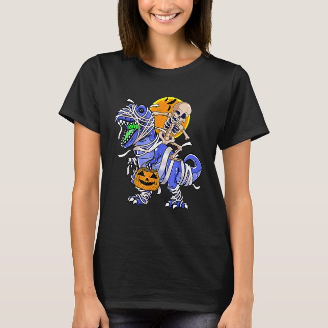 Skeleton Riding Mummy Dinosaur T rex Halloween Fun T-Shirt (Front)
